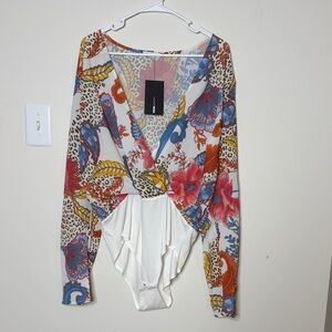 Fashion Nova Wrap-Front Long Sleeve Bodysuit